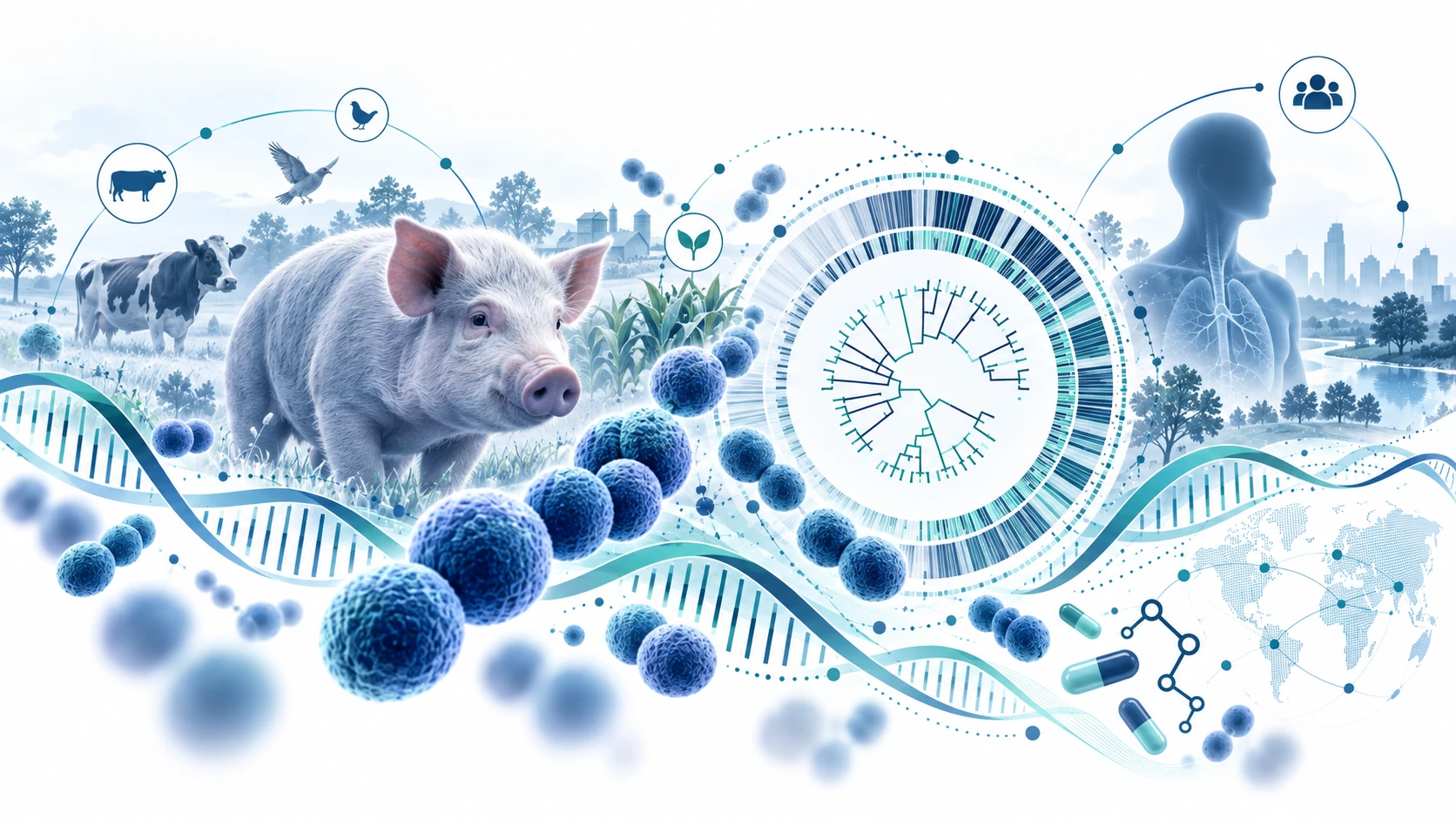 Scientific illustration of pig and human health, with smaller cattle, bird and plant motifs, genomic epidemiology, paired streptococci and antimicrobial resistance.